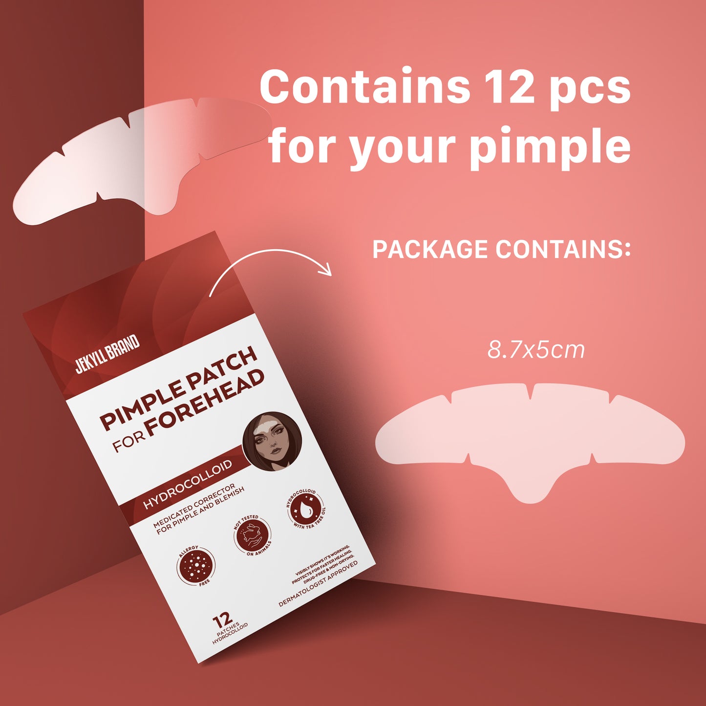 JEKYLL BRAND COSMETICS™ | Pimple Patch for Forehead- XL (12counts) | Medical Grade | Hydrocolloid | Forehead Acne Strips | Sterile Spot Corrector for Forehead **Dermatologist Approve**