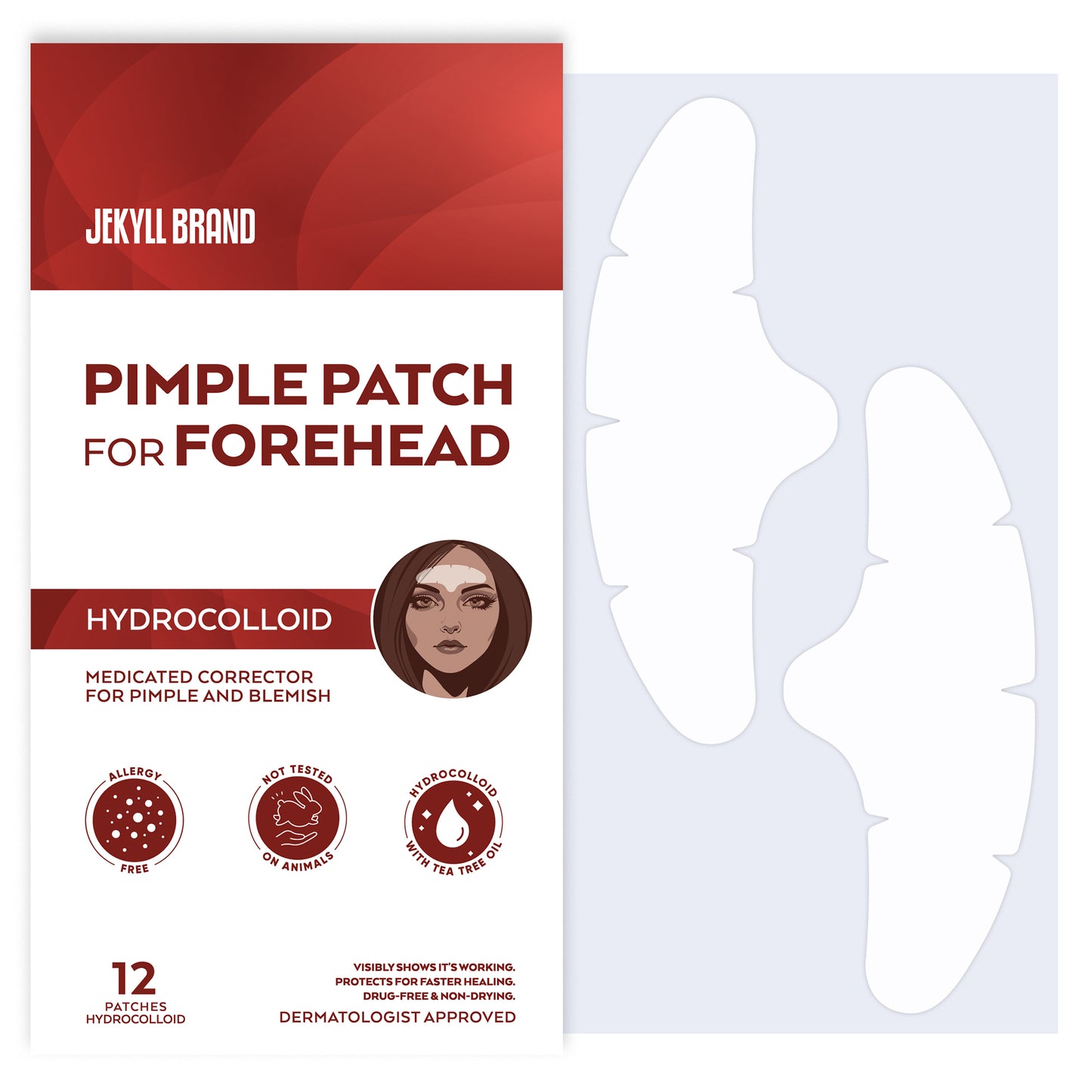 JEKYLL BRAND COSMETICS™ | Pimple Patch for Forehead- XL (12counts) | Medical Grade | Hydrocolloid | Forehead Acne Strips | Sterile Spot Corrector for Forehead **Dermatologist Approve**